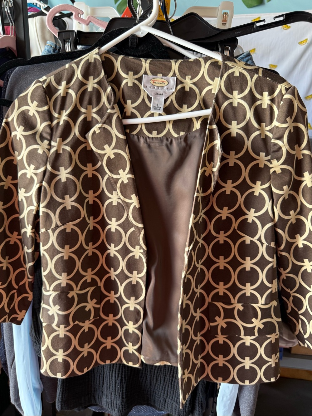 Talbots Brown and Cream Geometric Cropped Blazer
